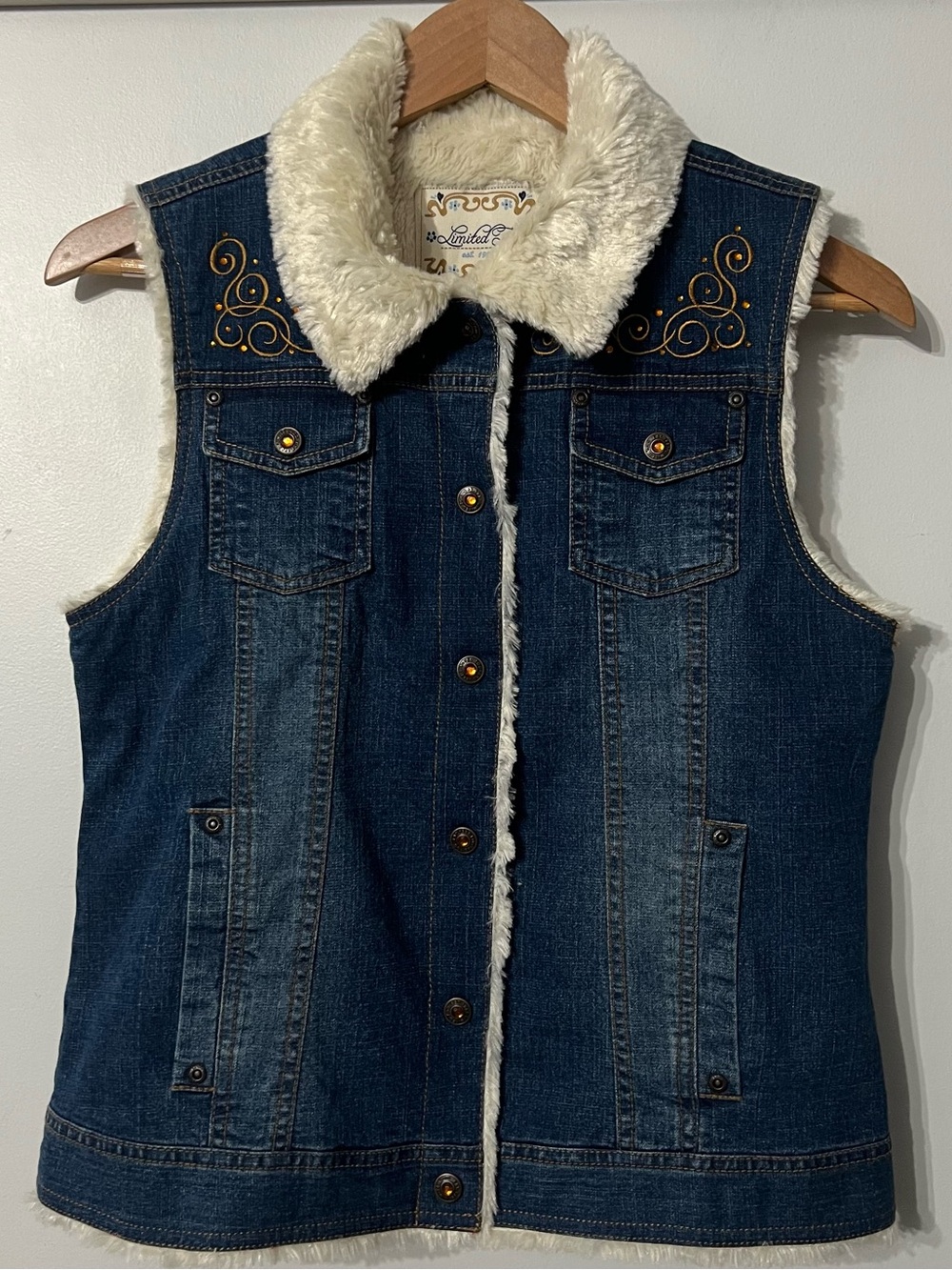 Limited Too Girls XL 16 Y2K Faux Fur Lined Blue Denim Vest Embroidered